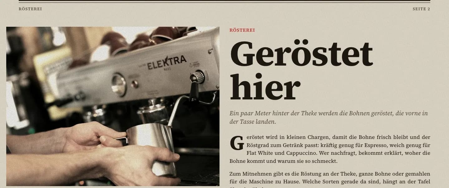 Entwurf einer Café-Website im Zeitungsstil